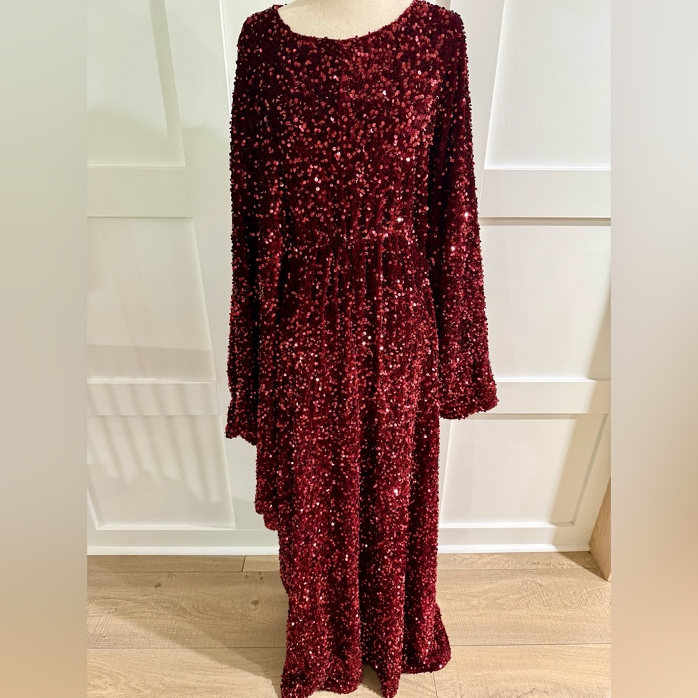 Smak Parlour Burgundy Sequin Caftan Gown OS 70s Glam Batwing Sleeve